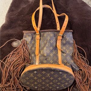 Luxury Brown and Tan Monogram Fringe Shoulder Bag